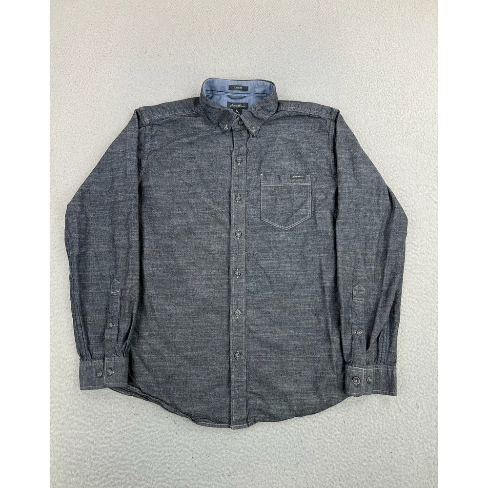 Eddie Bauer Shirt Mens Medium Gray Chambray Long Sleeve Button Up Classic Fit